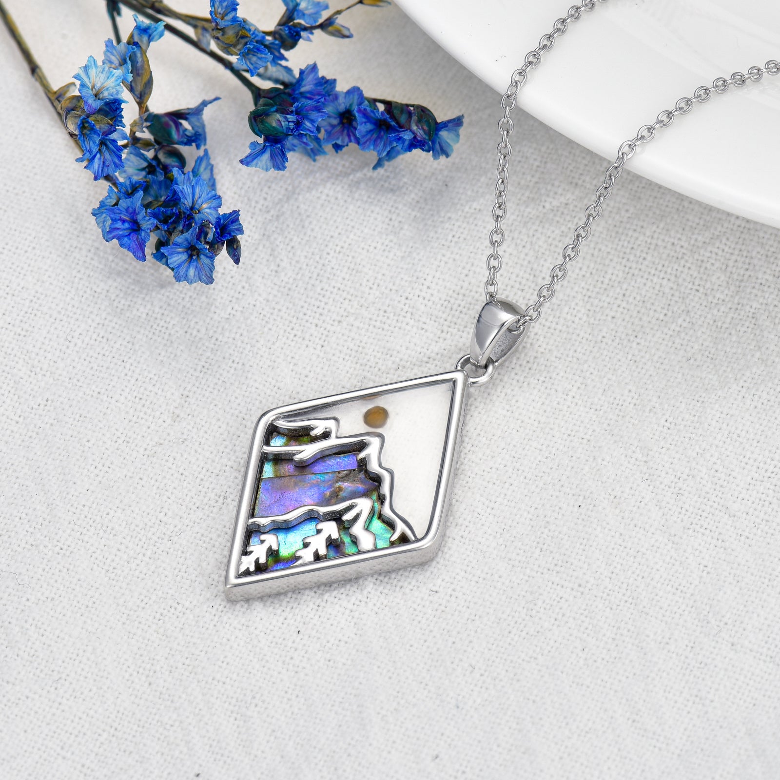 Sterling Silver Abalone Shellfish Mountains & Mustard Seeds Pendant Necklace