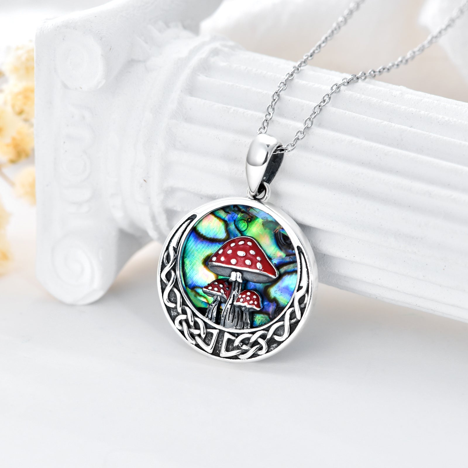 Sterling Silver Abalone Shellfish Mushroom & Celtic Knot Moon Pendant Necklace