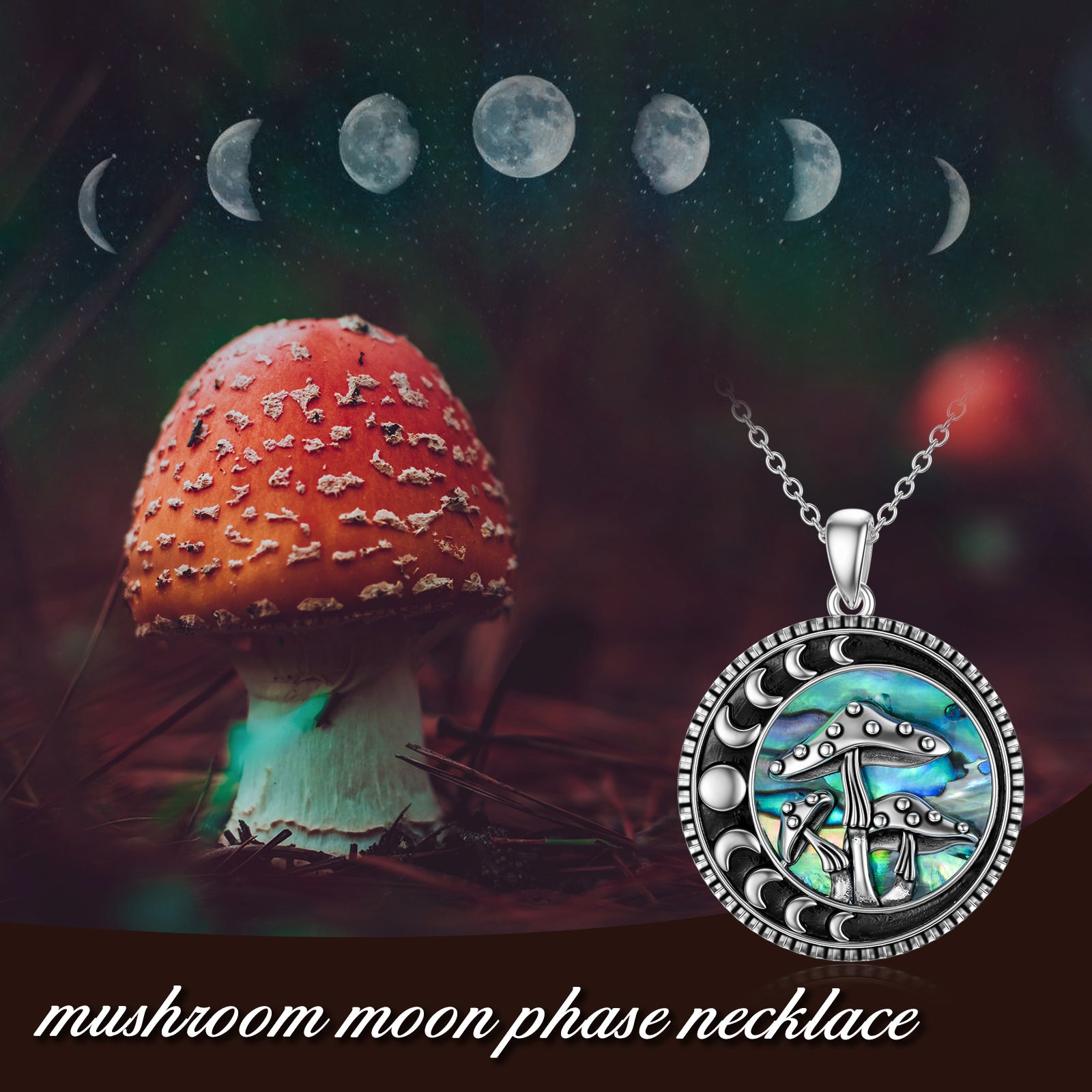 Sterling Silver Abalone Shellfish Mushroom & Moon Phases Pendant Necklace