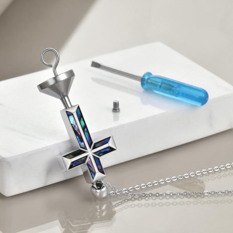 Sterling Silver Abalone Shellfish Origami Cross Urn Necklace for Ashes