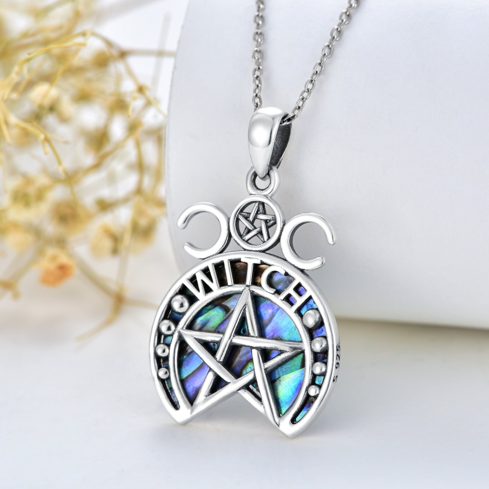 Sterling Silver Abalone Shellfish Pentagram & Witch Pendant Necklace