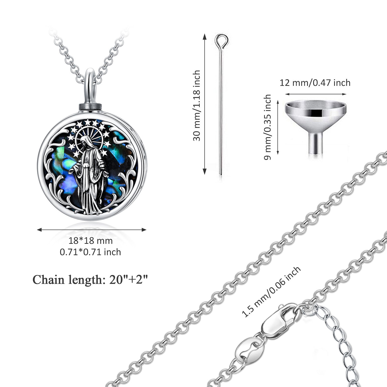 Sterling Silver Abalone Shellfish Personalized Engraving & Virgin Mary Urn Necklace for Ashes with Engraved Word