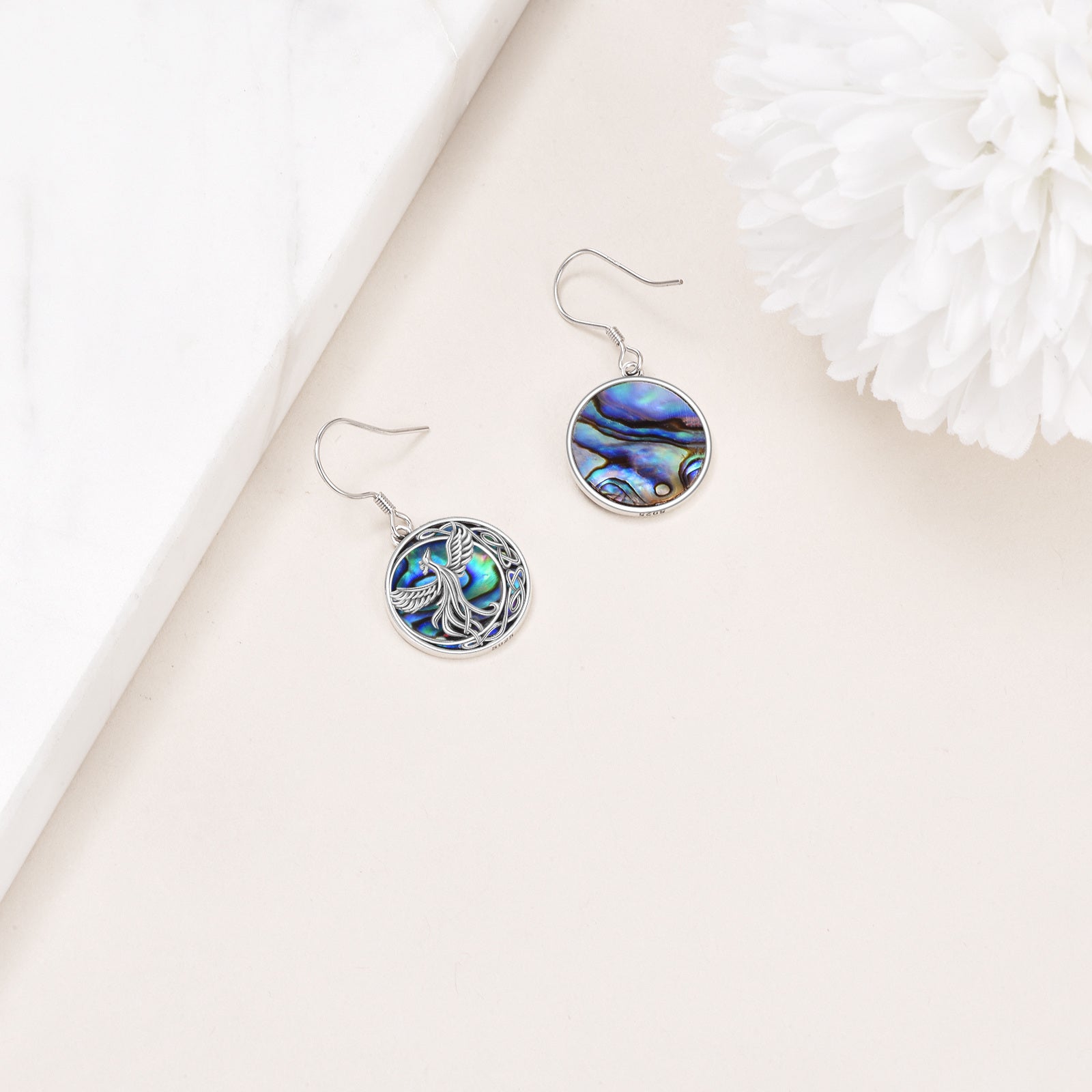 Sterling Silver Abalone Shellfish Phoenix Drop Earrings