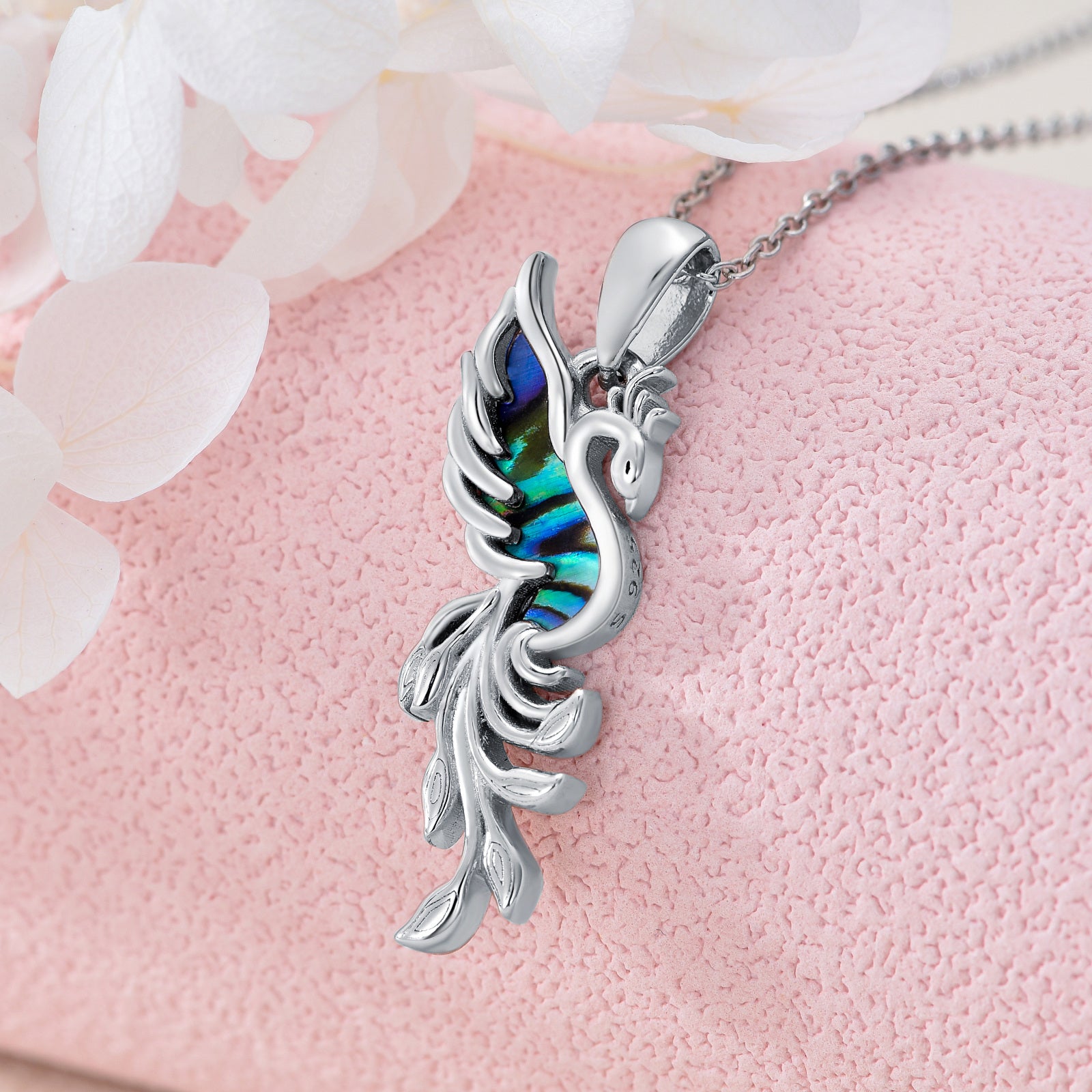 Sterling Silver Abalone Shellfish Phoenix Pendant Necklace