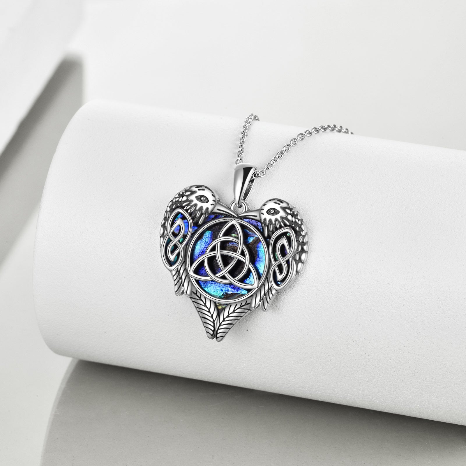 Sterling Silver Abalone Shellfish Raven Couple With Celtic Knot Pendant Necklace For Women