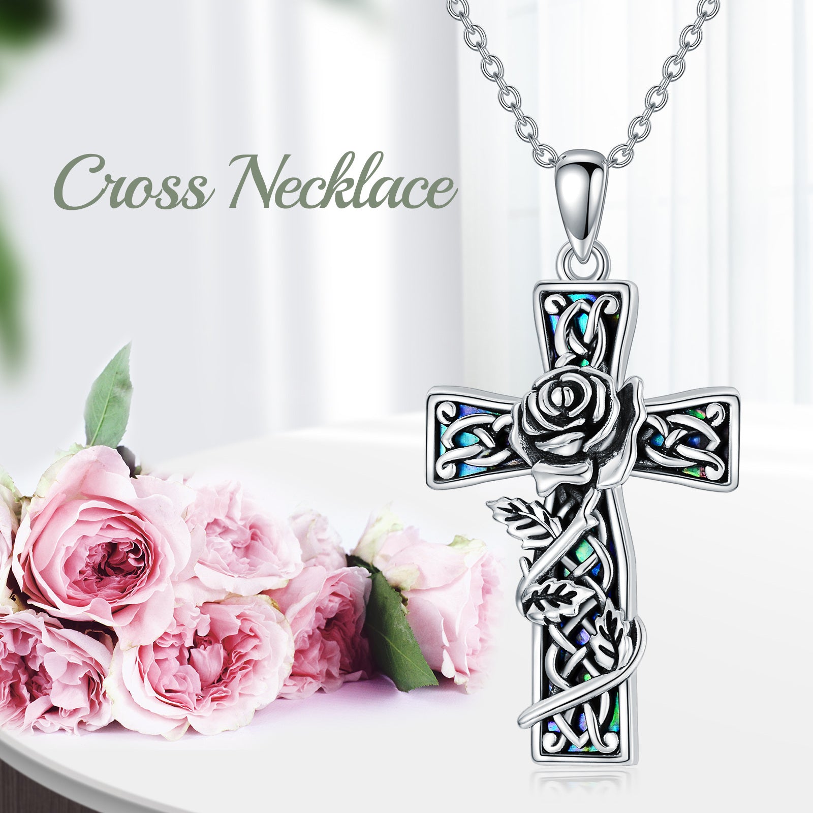 Sterling Silver Abalone Shellfish Rose & Cross Pendant Necklace