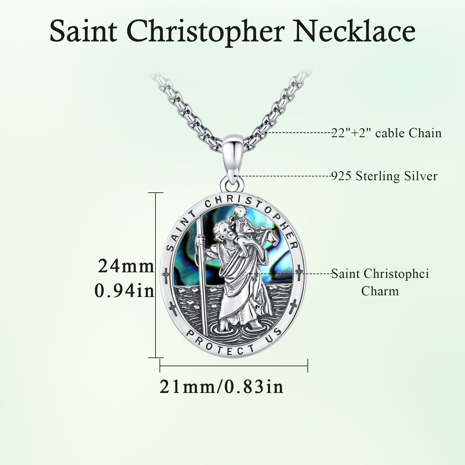 Sterling Silver Abalone Shellfish Saint Christopher Pendant Necklace with Engraved Word