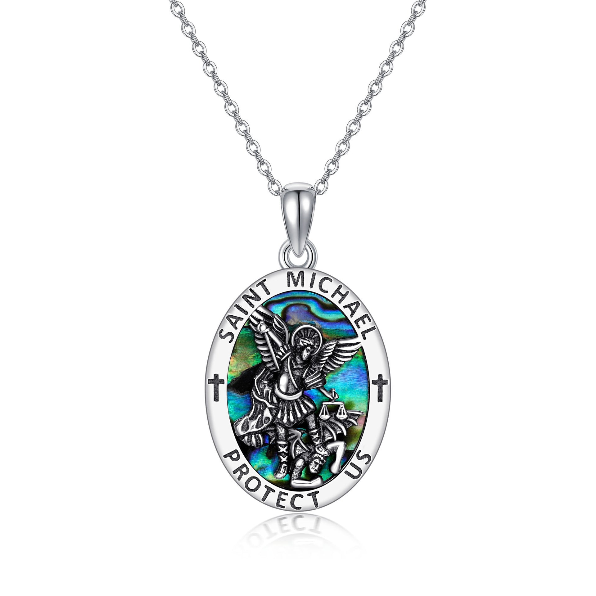 Sterling Silver Abalone Shellfish Saint Michael Pendant Necklace with Engraved Word