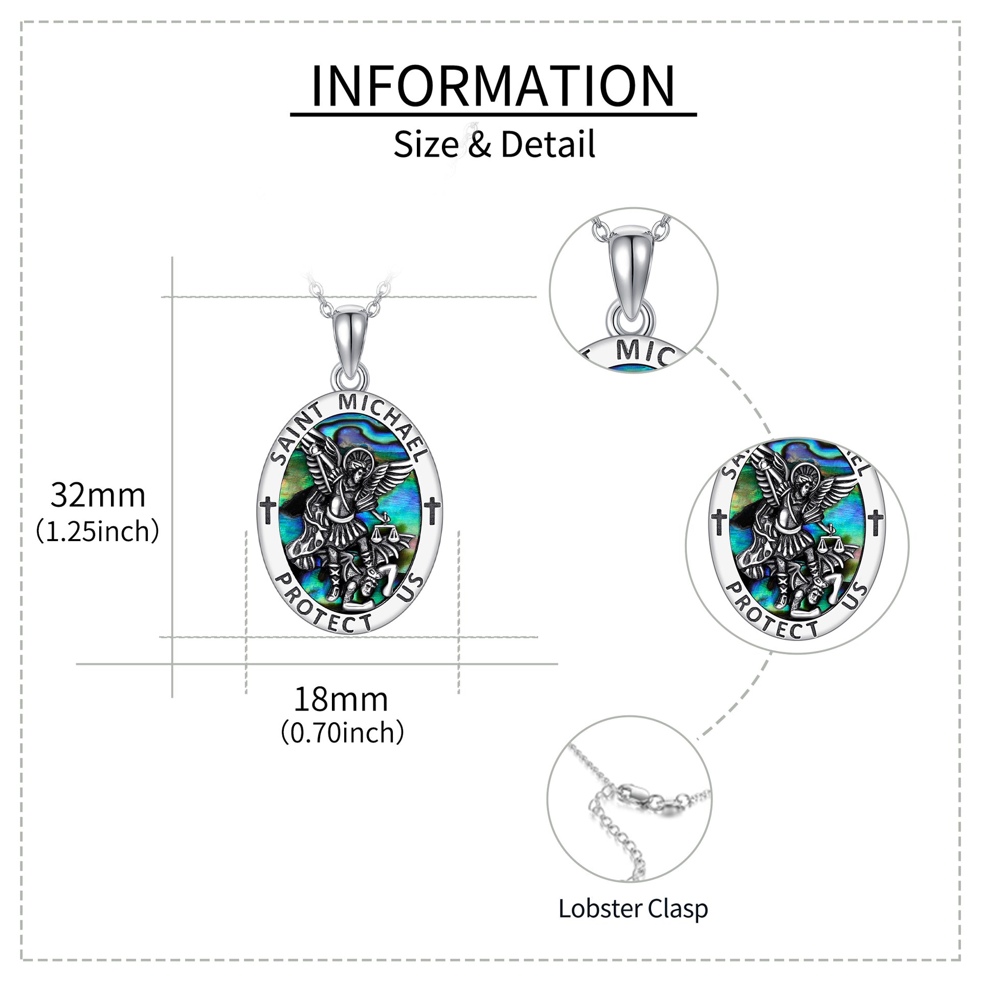 Sterling Silver Abalone Shellfish Saint Michael Pendant Necklace with Engraved Word