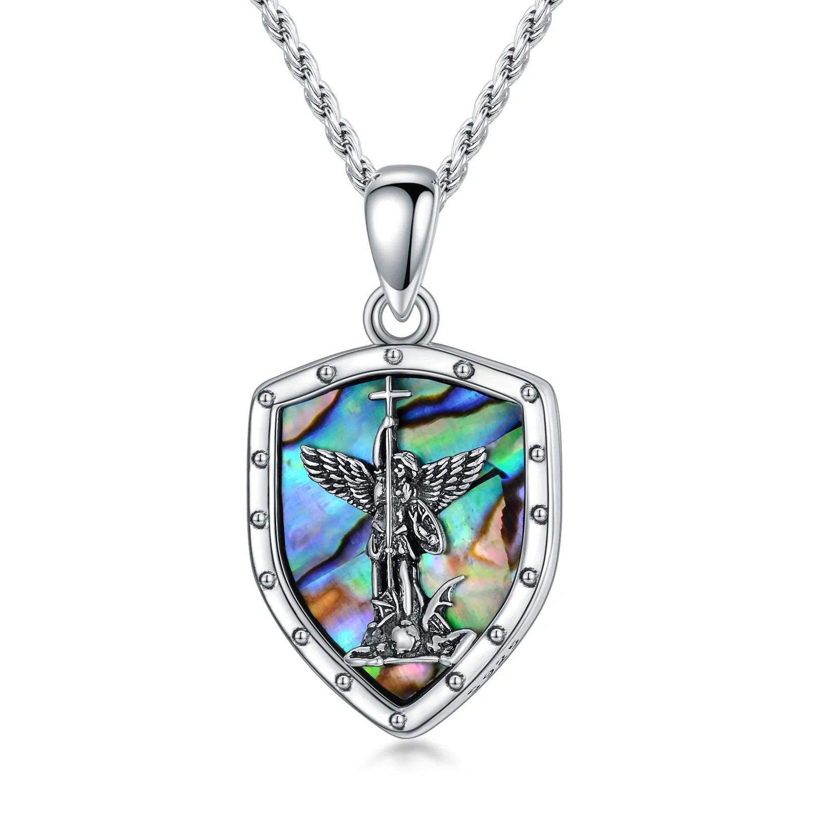 Sterling Silver Abalone Shellfish Saint Michael Shield Pendant Necklace with Engraving Words