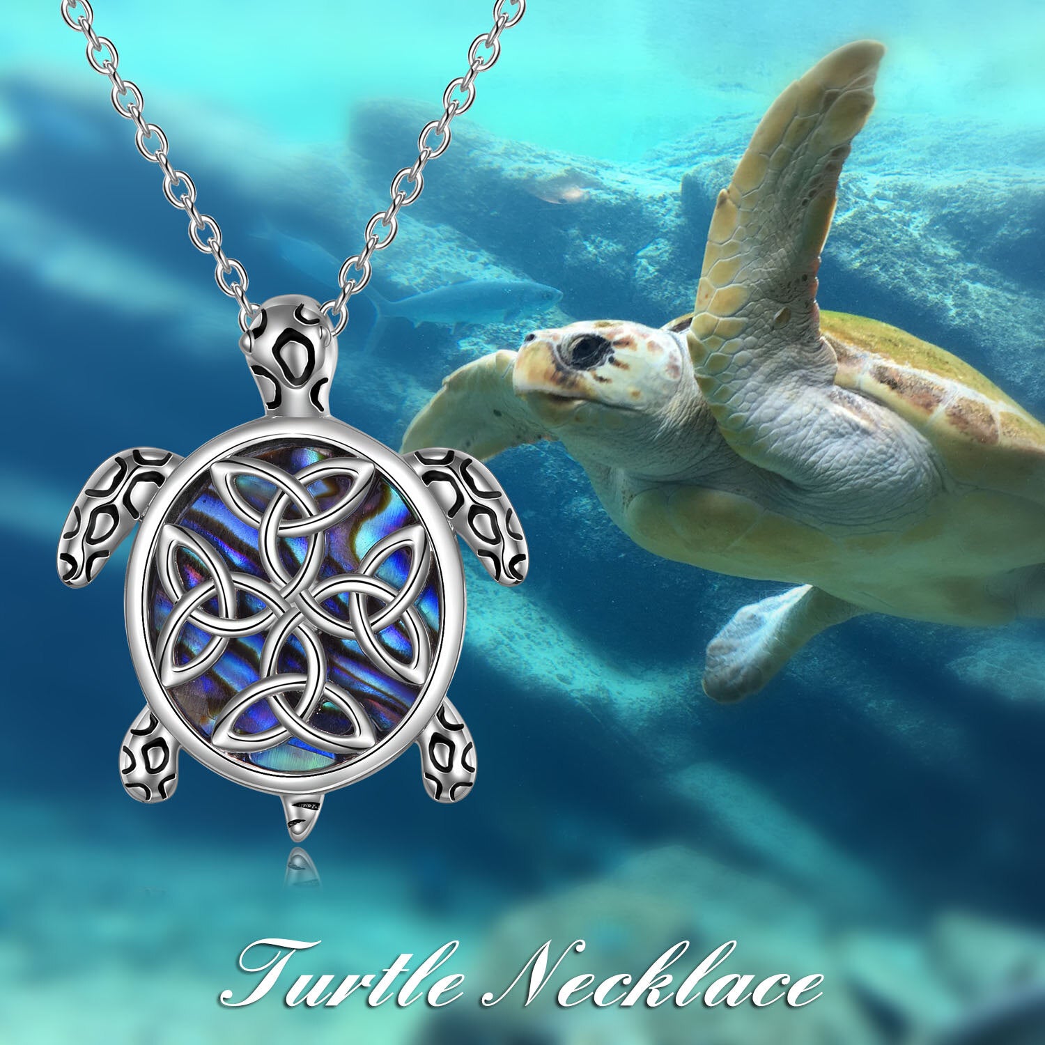 Sterling Silver Abalone Shellfish Sea Turtle & Celtic Knot Pendant Necklace