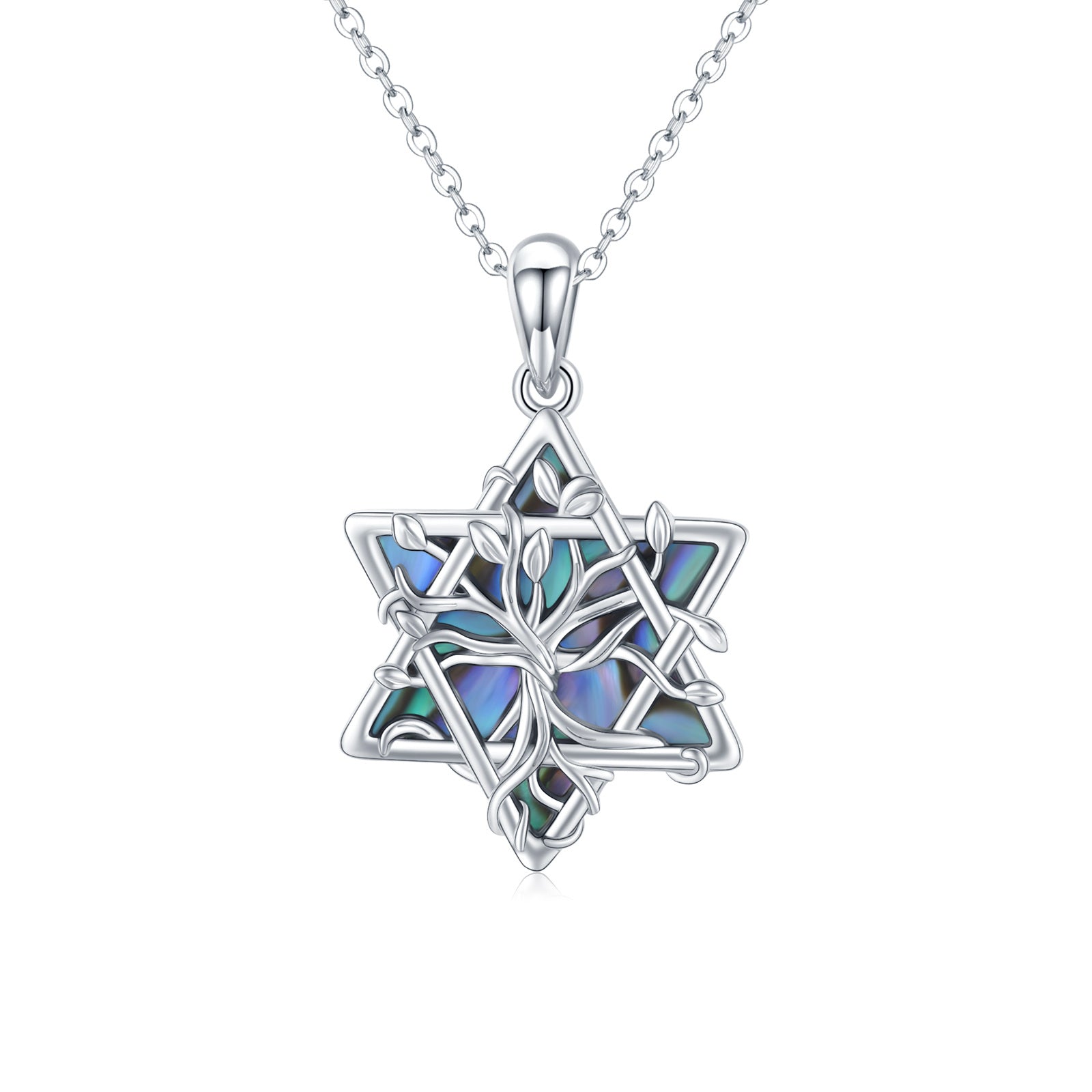 Sterling Silver Abalone Shellfish Star Of David Tree Of Life Pendant Necklace For Women
