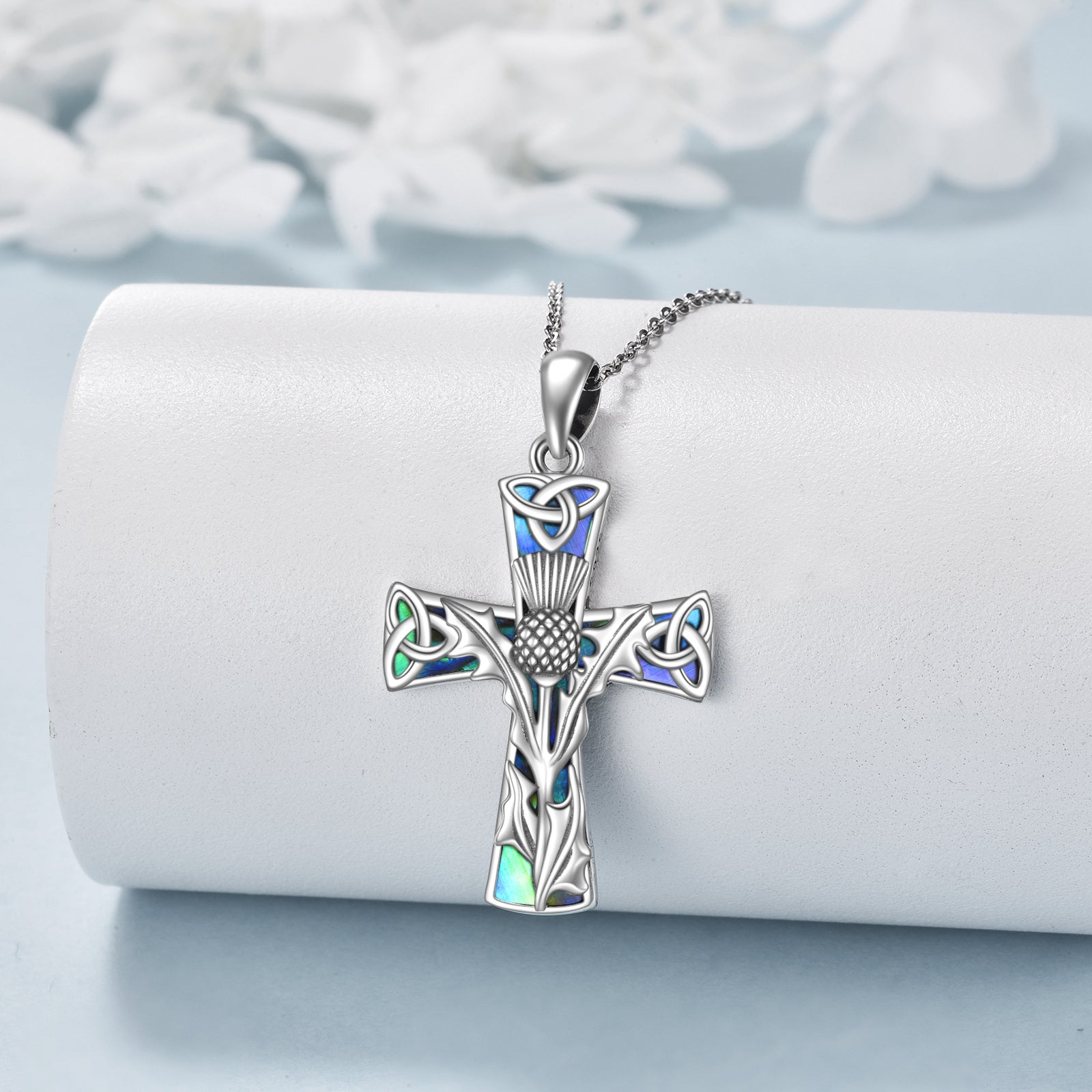 Sterling Silver Abalone Shellfish Thistle & Cross Pendant Necklace