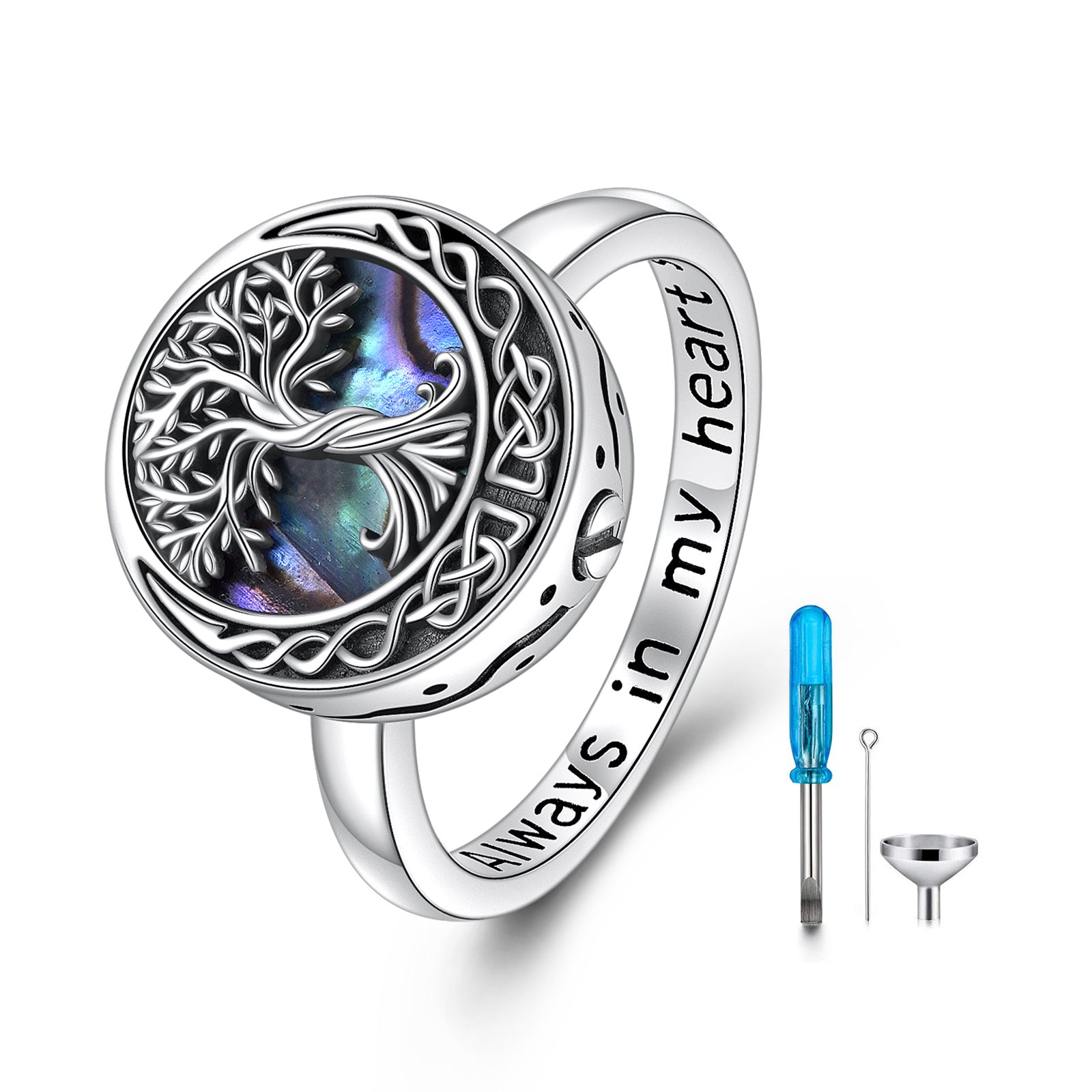 Sterling Silver Abalone Shellfish Tree Of Life & Celtic Knot & Moon Urn Ring With Engraved Word For Women