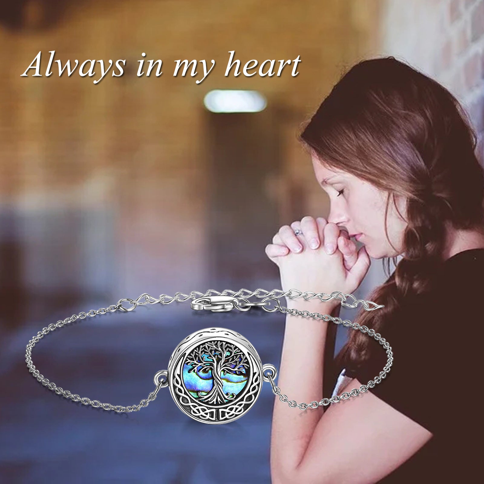 Sterling Silver Abalone Shellfish Tree Of Life & Celtic Knot Urn Bracelet for Ashes with Engraved Word