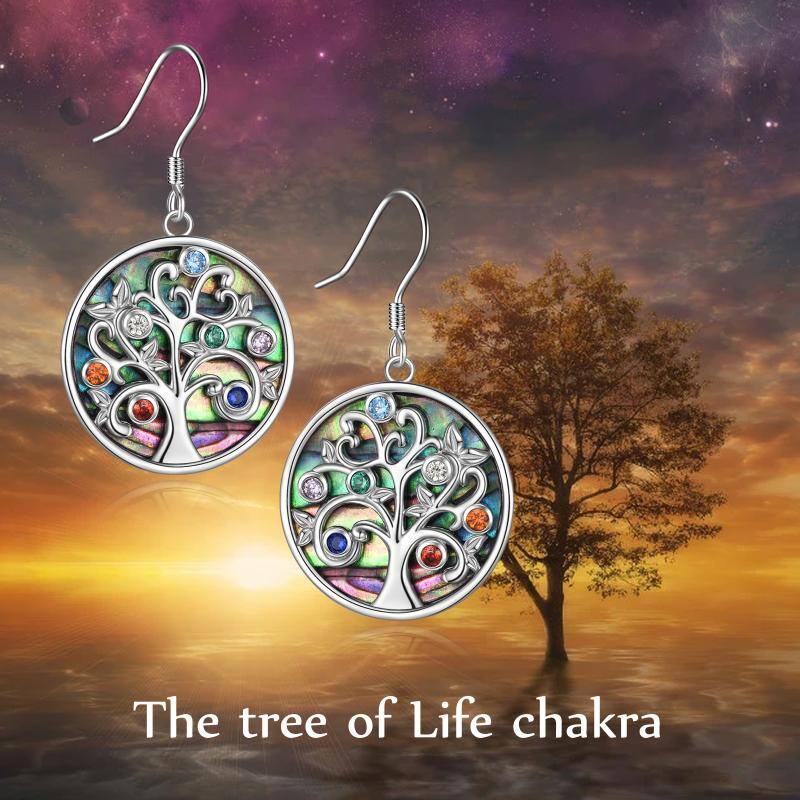 Sterling Silver Abalone Shellfish And Cubic Zirconia Tree Of Life Chakras Drop Earrings For Women