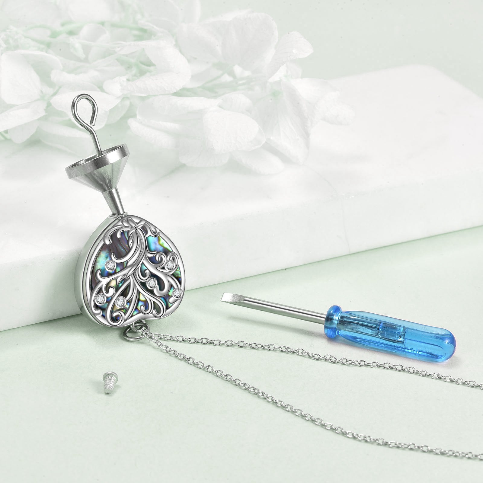 Sterling Silver Abalone Shellfish Tree Of Life & Heart Pendant Necklace