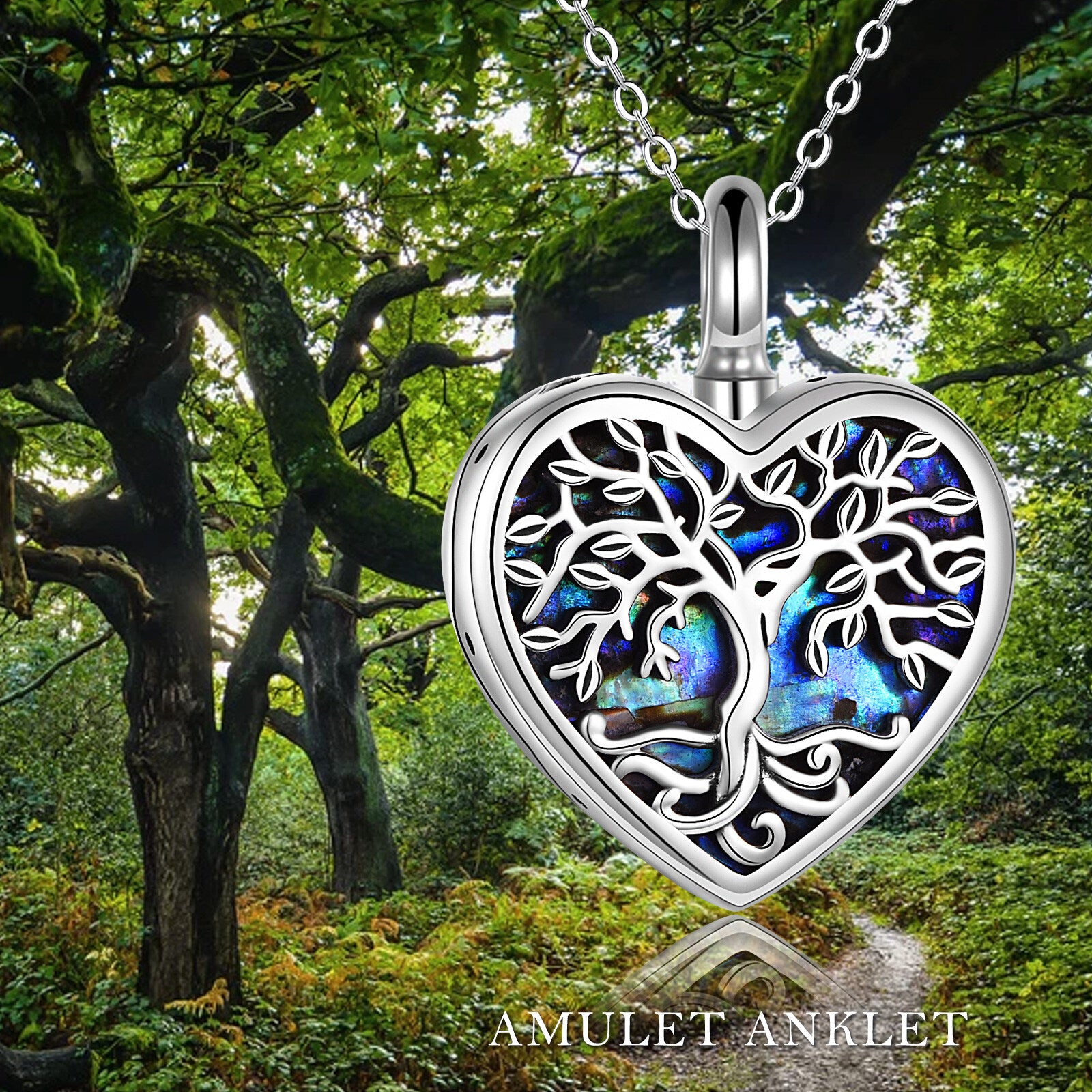 Sterling Silver Abalone Shellfish Tree Of Life & Heart Urn Necklace for Ashes with Engraved Word
