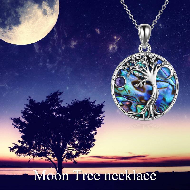 Sterling Silver Abalone Shellfish Tree Of Life & Moon Pendant Necklace