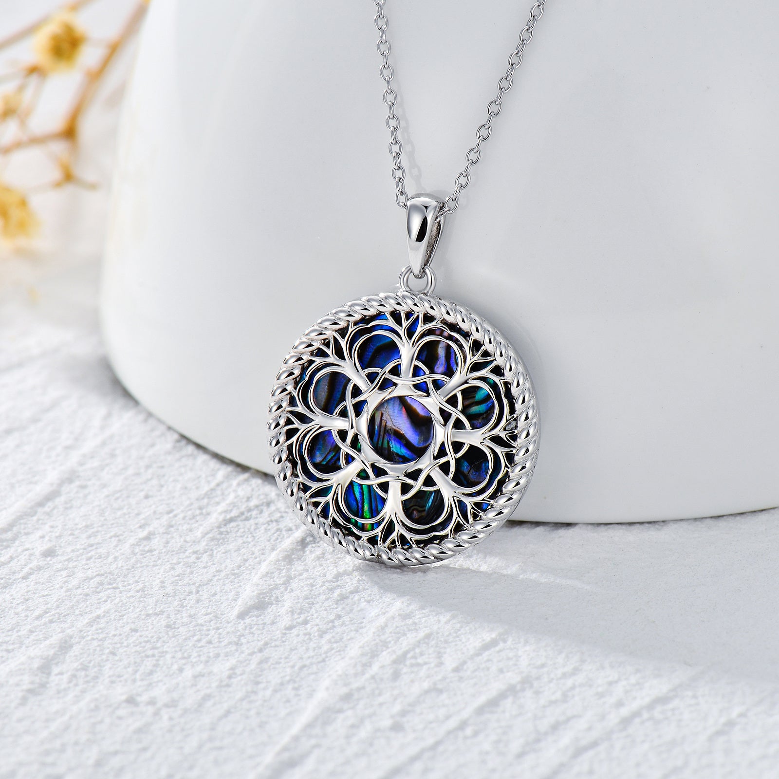 Sterling Silver Abalone Shellfish Tree Of Life Pendant Necklace