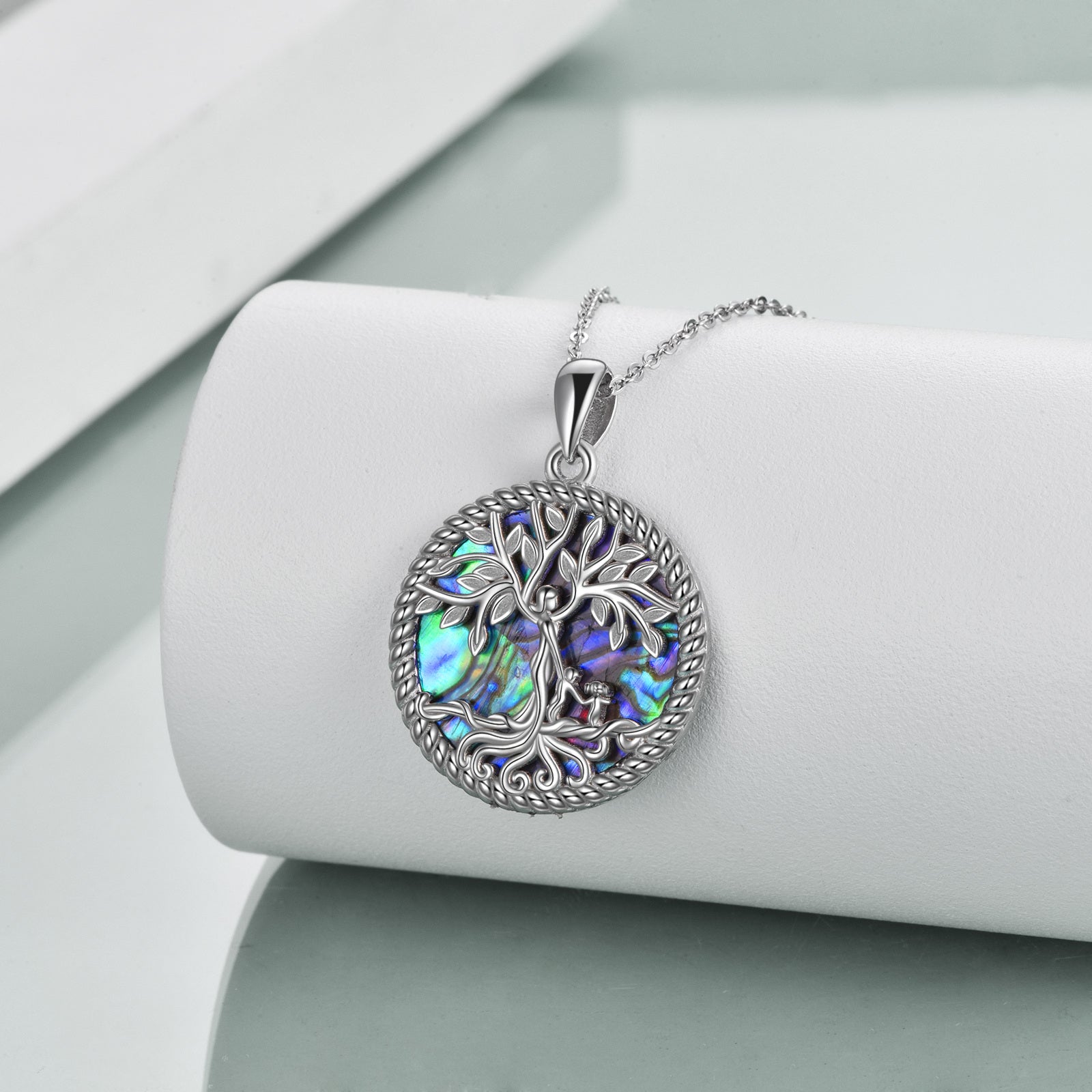 Sterling Silver Abalone Shellfish Tree Of Life Pendant Necklace