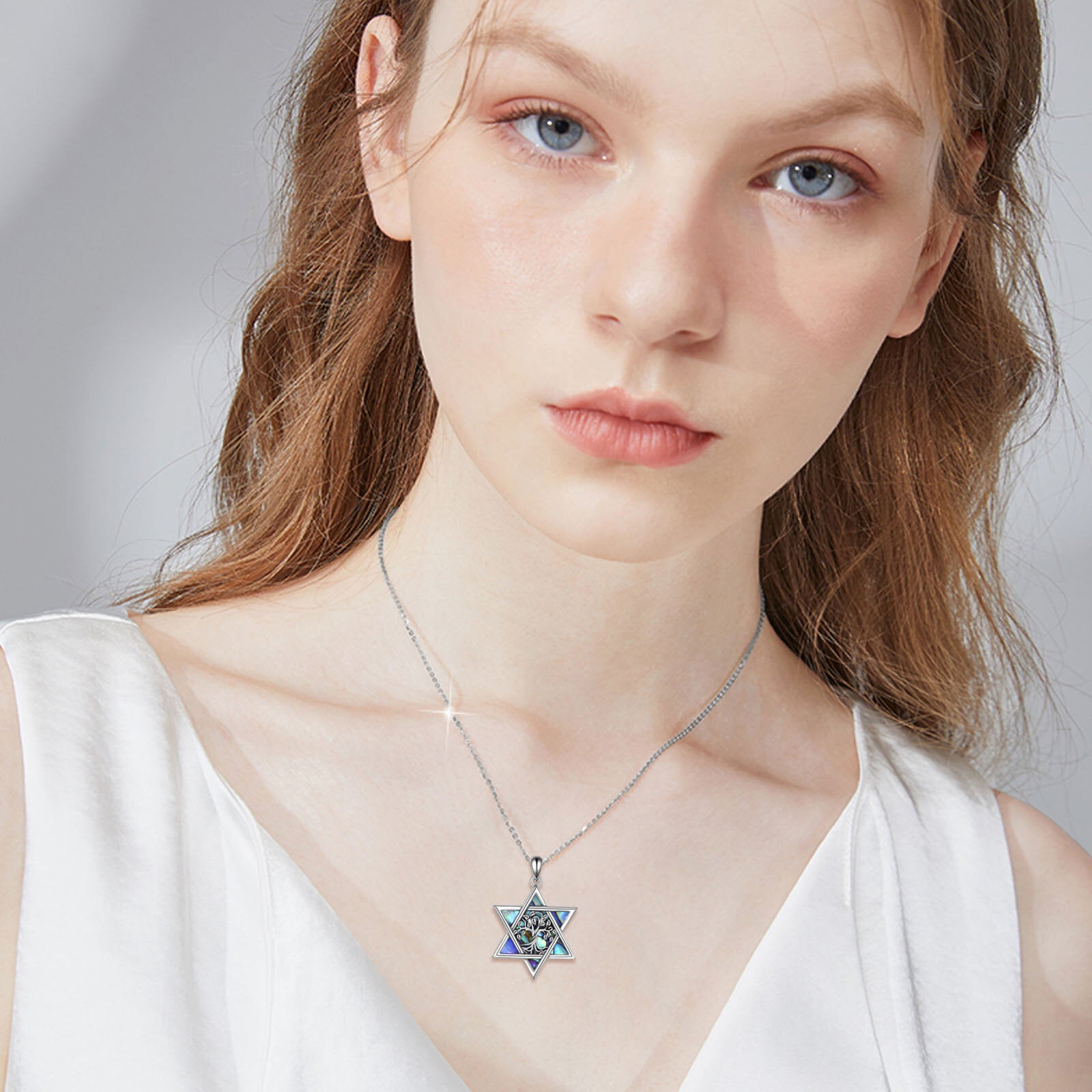 Sterling Silver Abalone Shellfish Tree Of Life & Star Of David Pendant Necklace