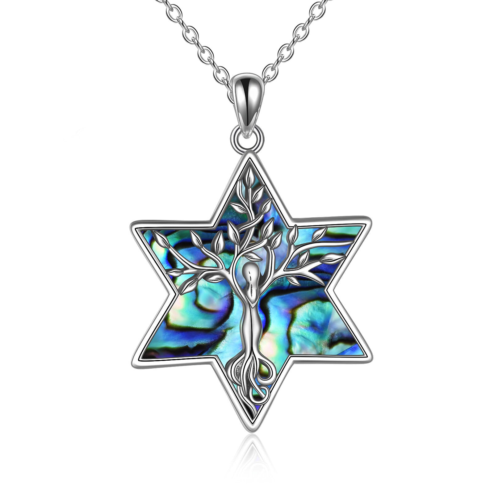 Sterling Silver Abalone Shellfish Tree Of Life & Star Of David Pendant Necklace For Women
