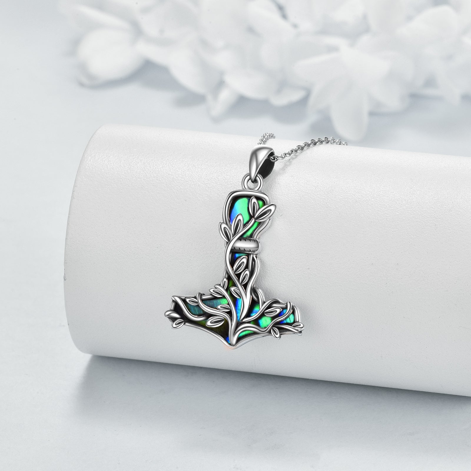 Sterling Silver Abalone Shellfish Tree Of Life & Thor's Hammer Pendant Necklace