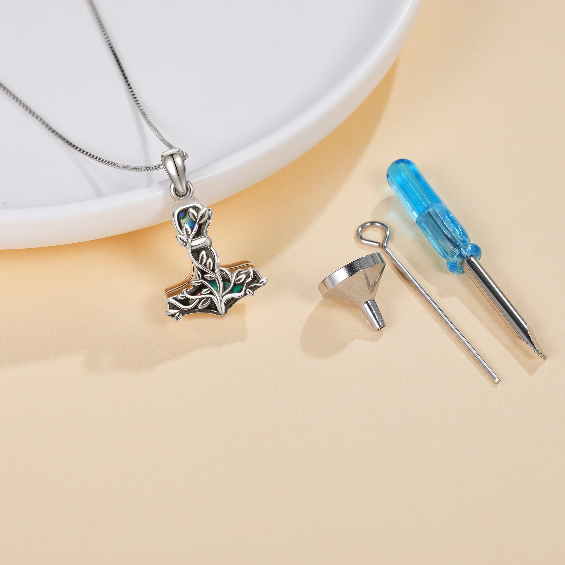 Sterling Silver Abalone Shellfish Tree Of Life & Thor's Hammer Urn Necklace for Ashes