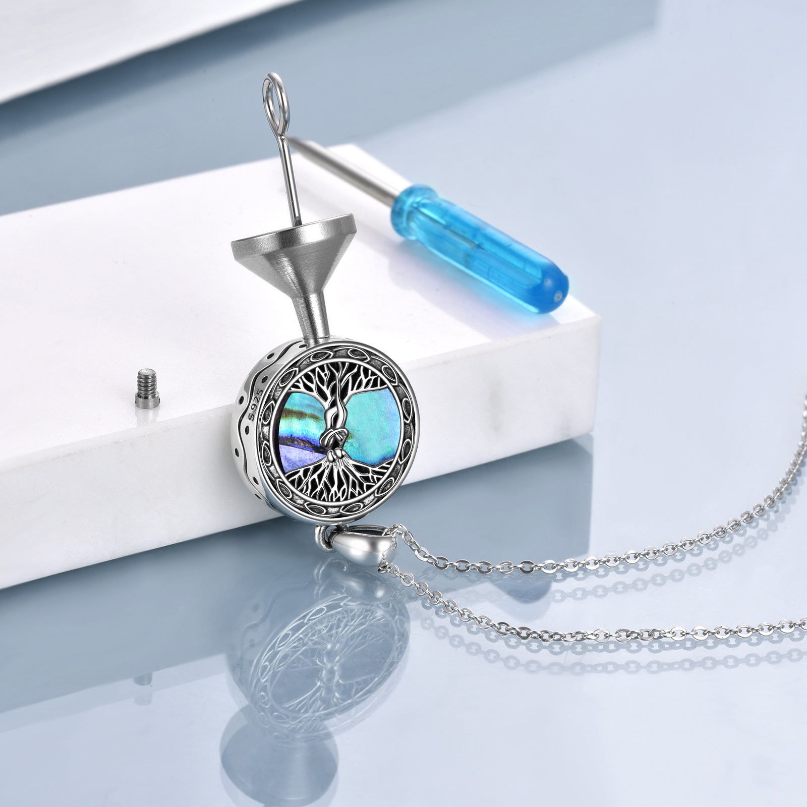 Sterling Silver Abalone Shellfish Tree Of Life Urn Necklace for Ashes with Engraved Word