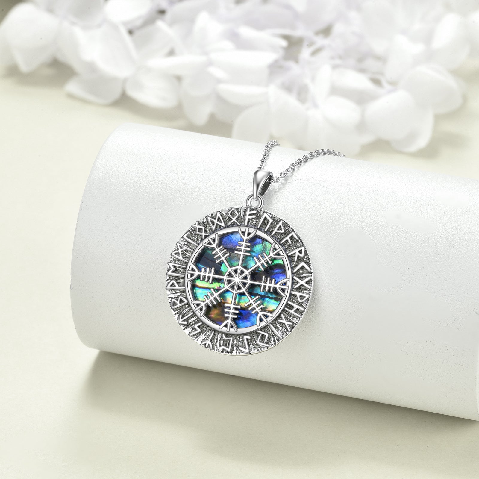 Sterling Silver Abalone Shellfish Viking Rune Coin Pendant Necklace