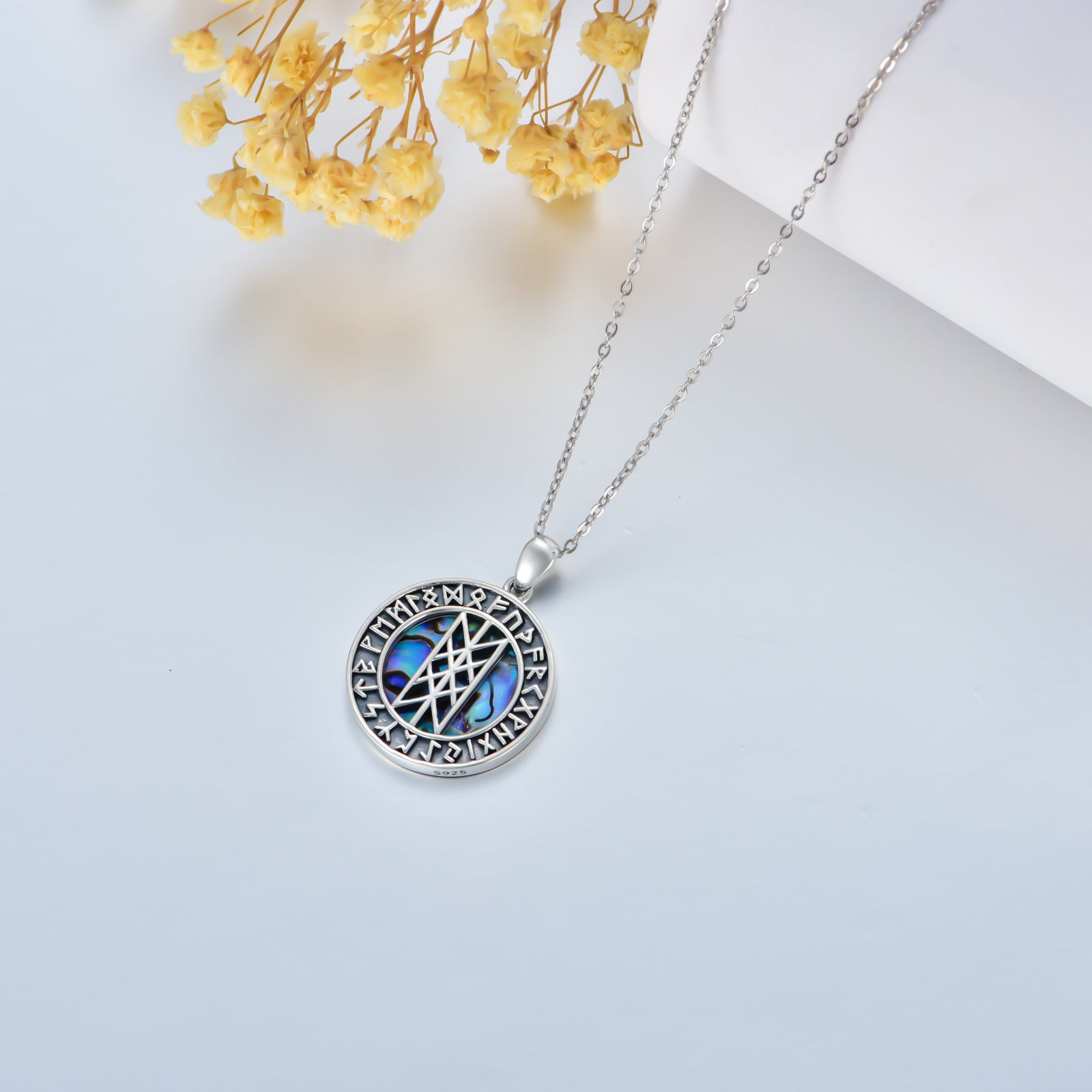 Sterling Silver Abalone Shellfish Viking Rune Pendant Necklace