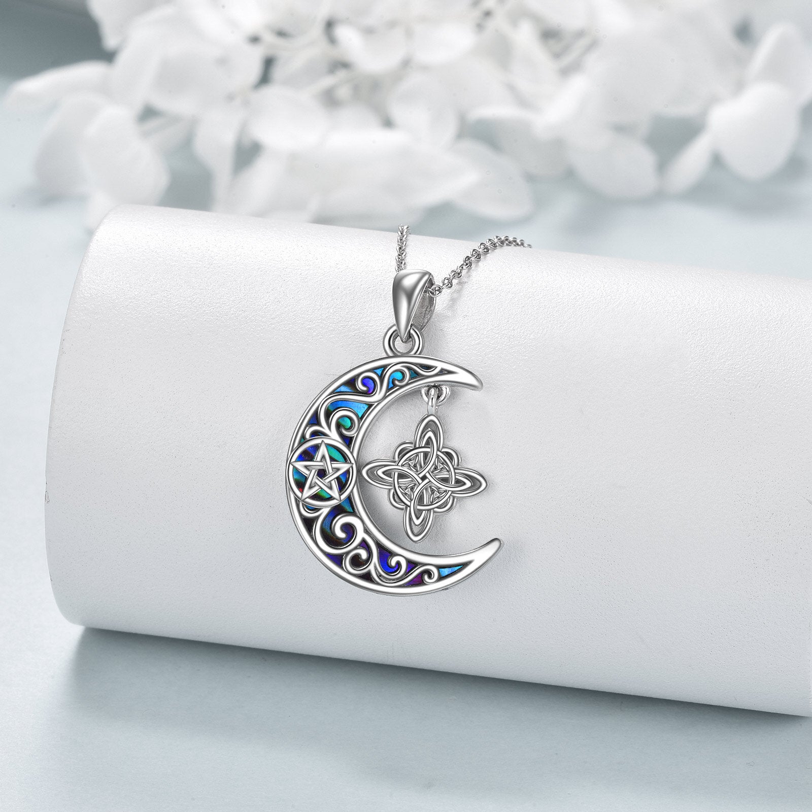 Sterling Silver Abalone Shellfish Witch Knot & Moon Pentacle Pendant Necklace