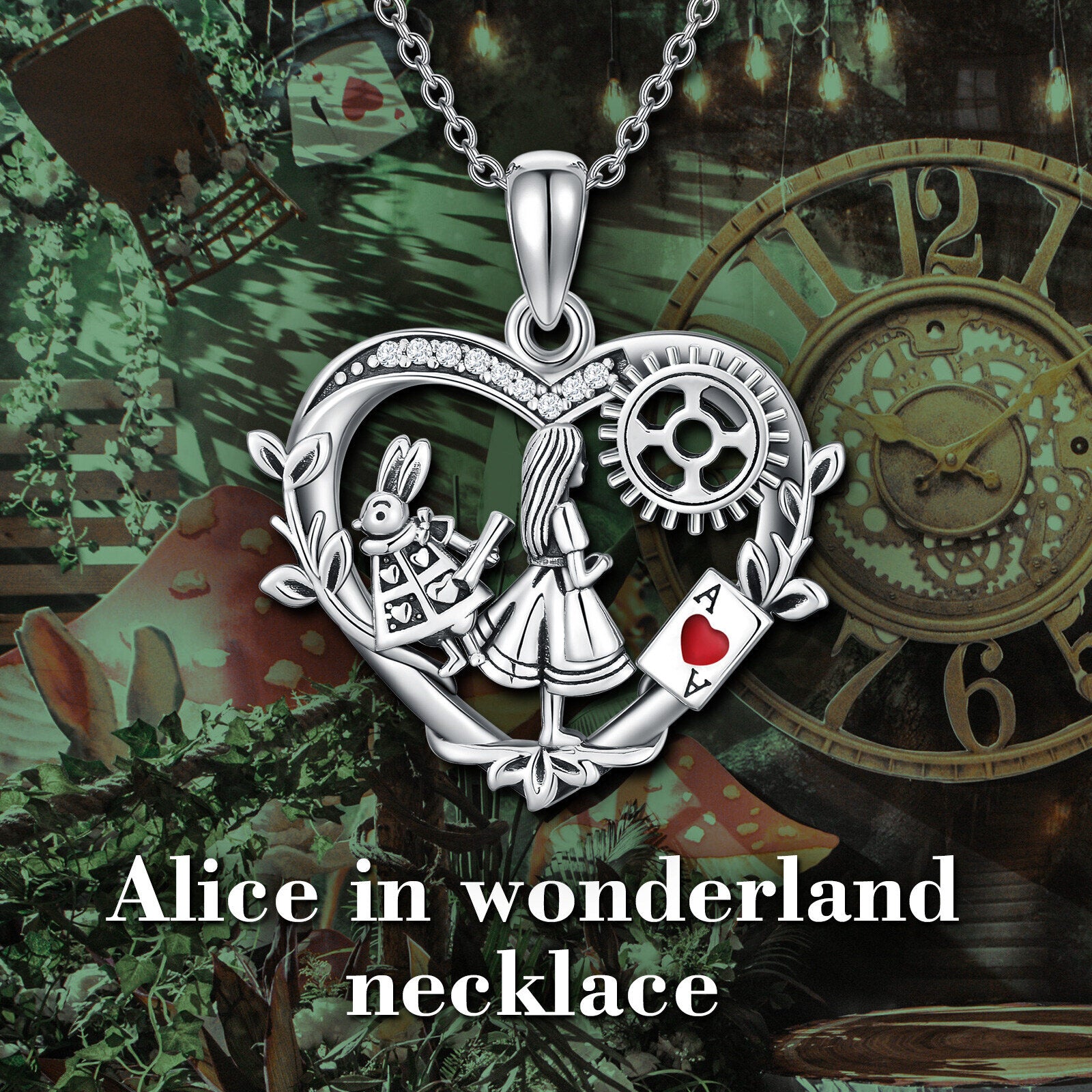 Sterling Silver Cubic Zirconia Alice In The Wonderland & Heart Pendant Necklace