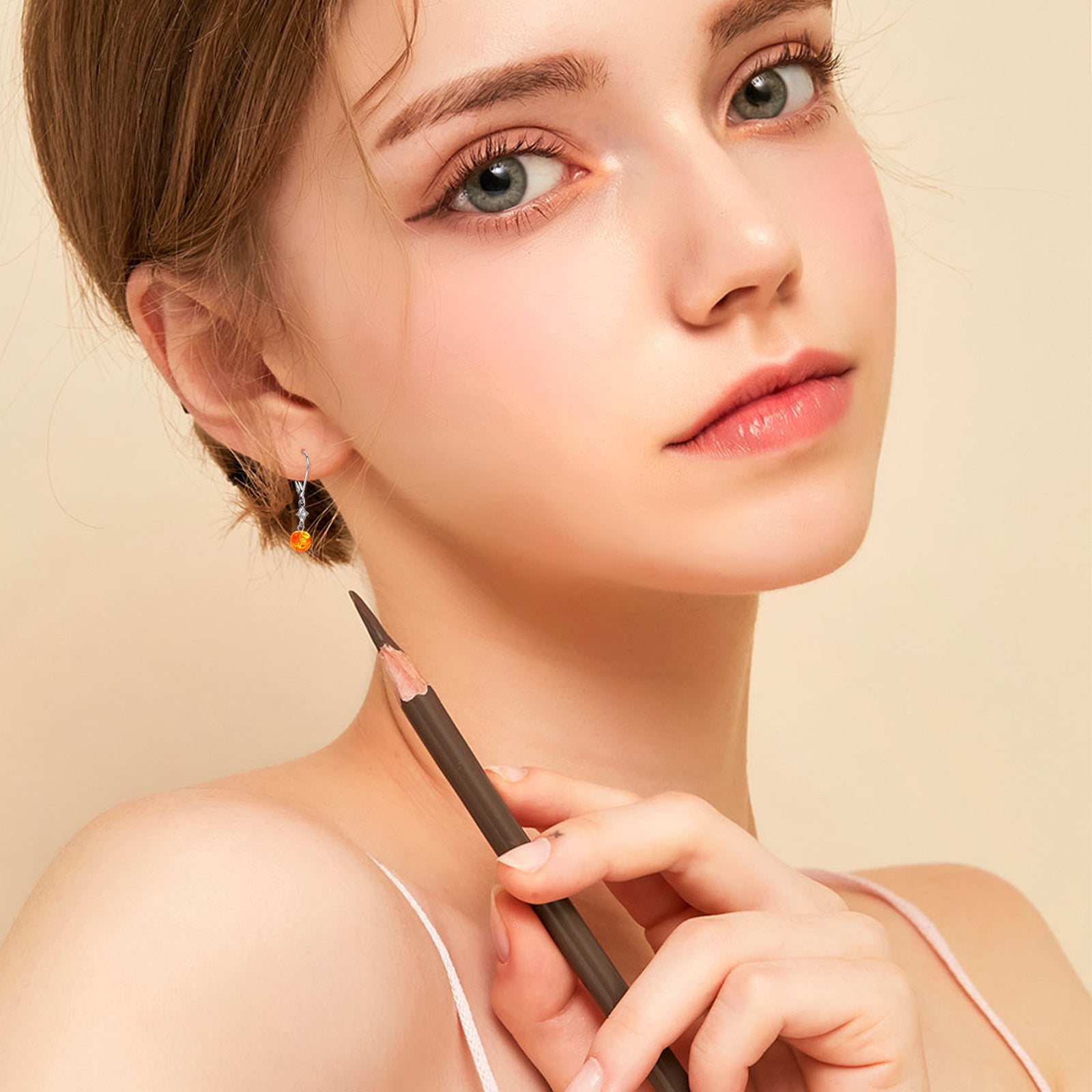 Sterling Silver Round Amber Cubic Zirconia Star Lever-Back Earrings For Women