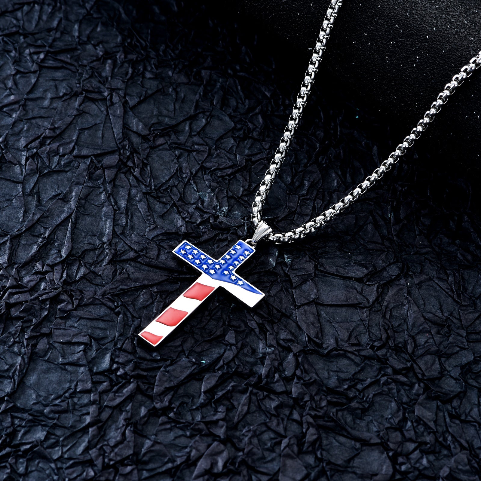 Sterling Silver American Flag & Cross Pendant Necklace