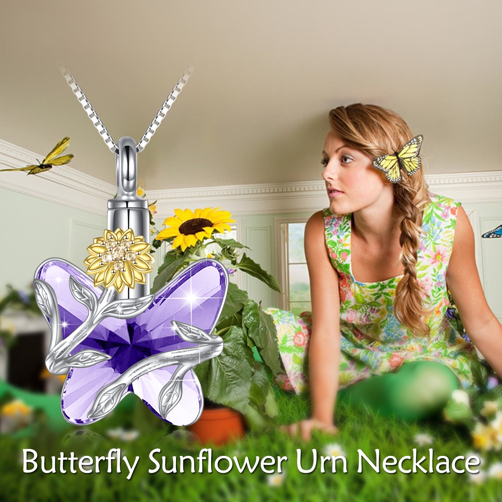Sterling Silver Amethyst Butterfly & Sunflower Urn Necklace for Ashes with Engraved Word