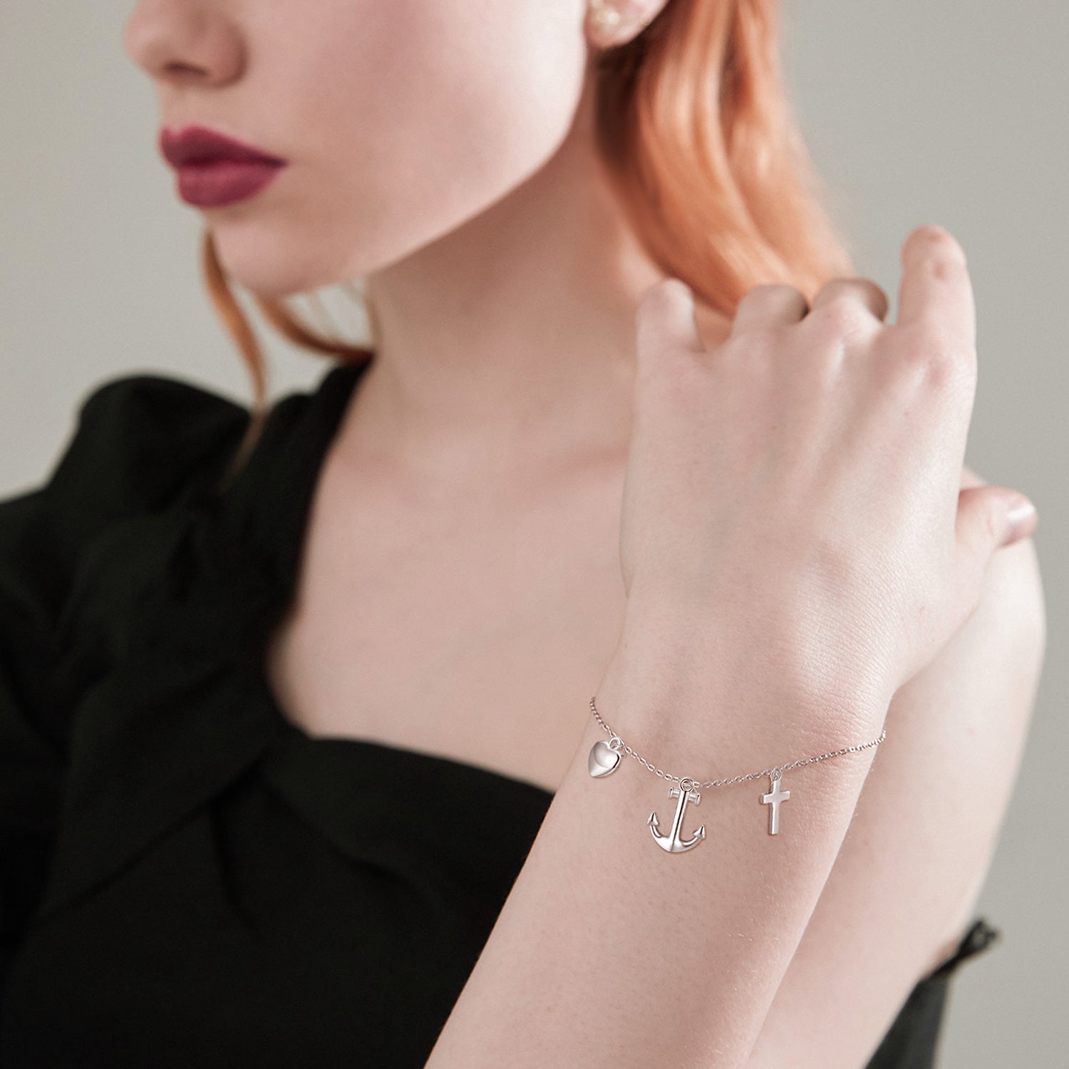 Sterling Silver Anchor With Cross With Heart Bracelet For Women