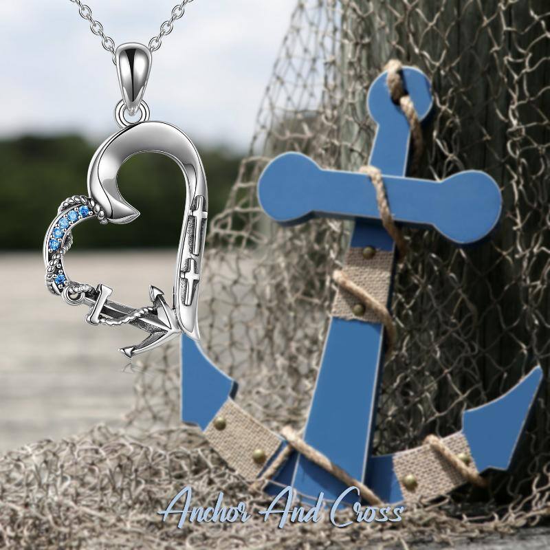 Sterling Silver Cubic Zirconia Anchor Cross & Heart Pendant Necklace For Women