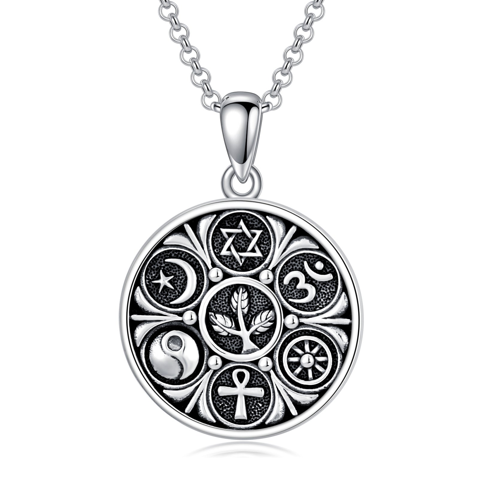 Sterling Silver Ankh Ohm Star Of David And Yin Yang Pendant Necklace For Unisex