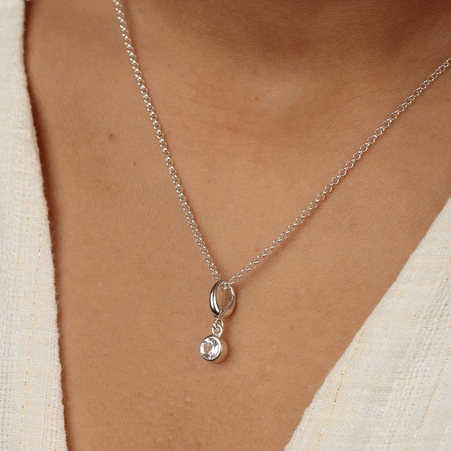 Sterling Silver April Birthstone Charm Necklace - White Topaz