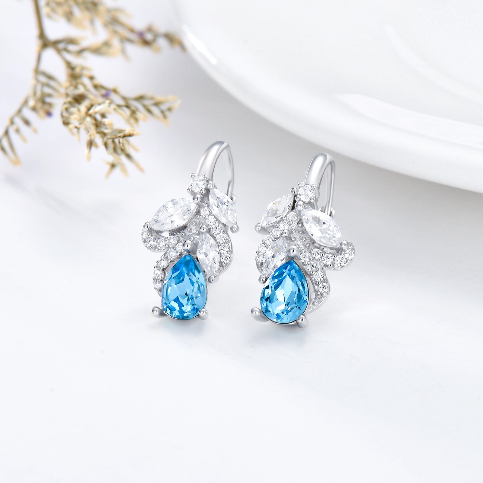Sterling Silver Crystal Drop Shape Lever-back Earrings
