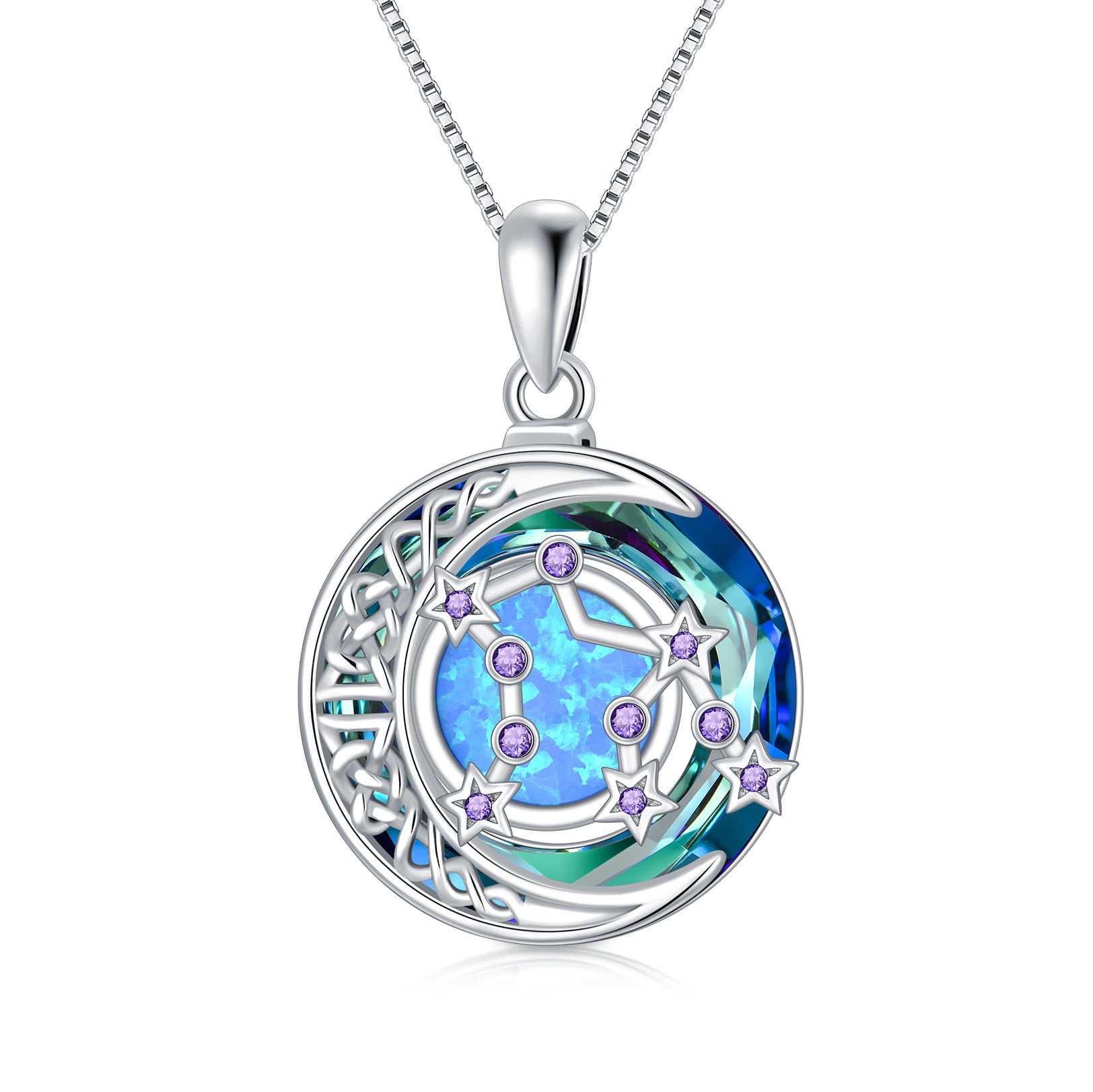 Sterling Silver Aquarius Circular Opal With Crystal Pendant Necklace
