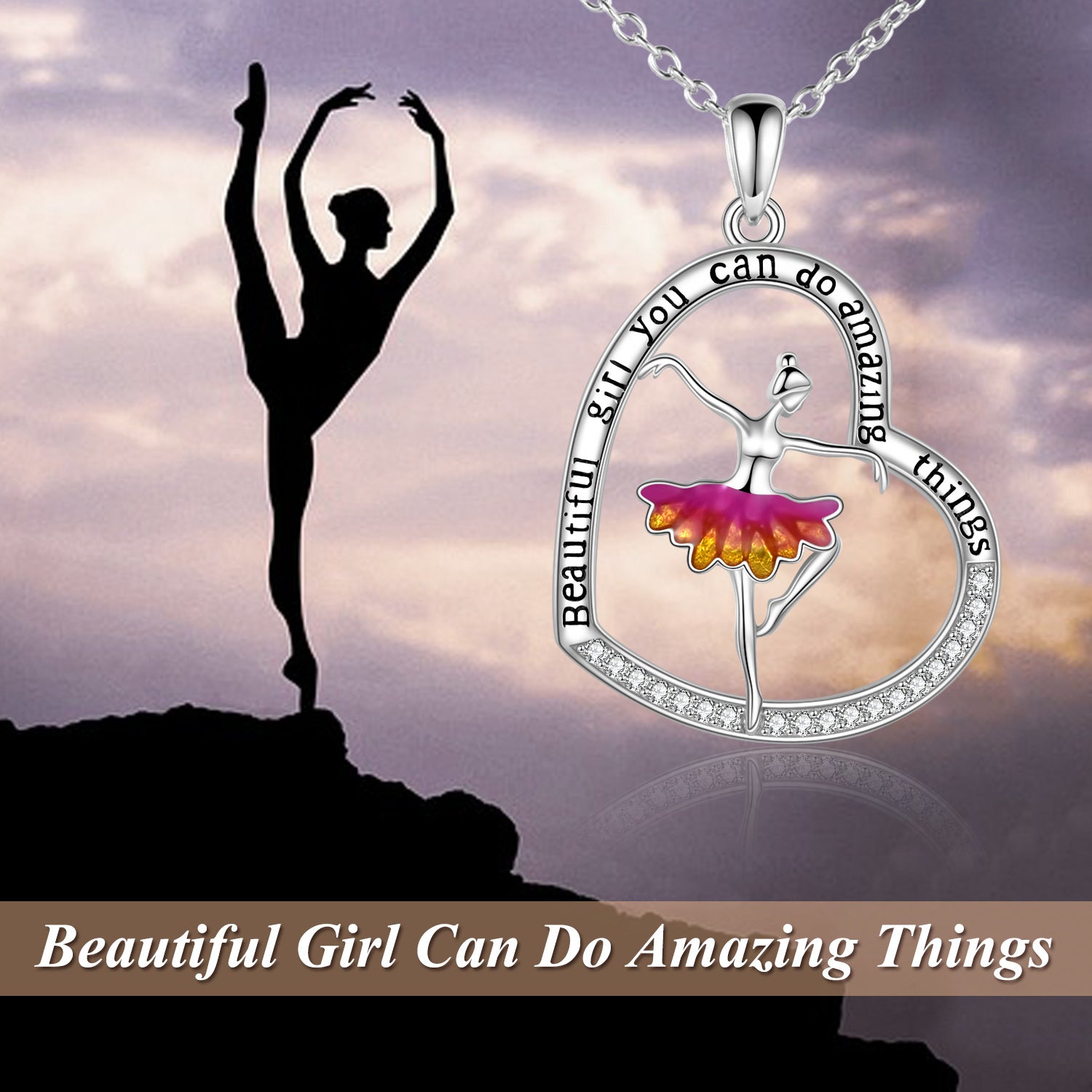 Sterling Silver Cubic Zirconia Ballet Dancer & Heart Pendant Necklace with Engraved Word