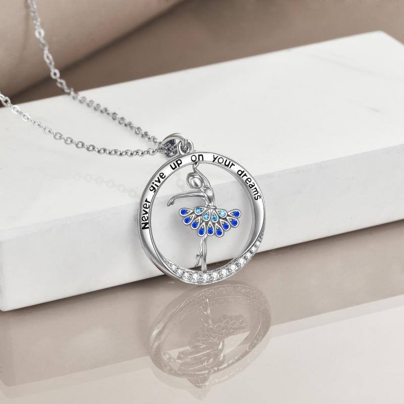 Sterling Silver Cubic Zirconia Ballet Dancer Pendant Necklace with Engraved Word