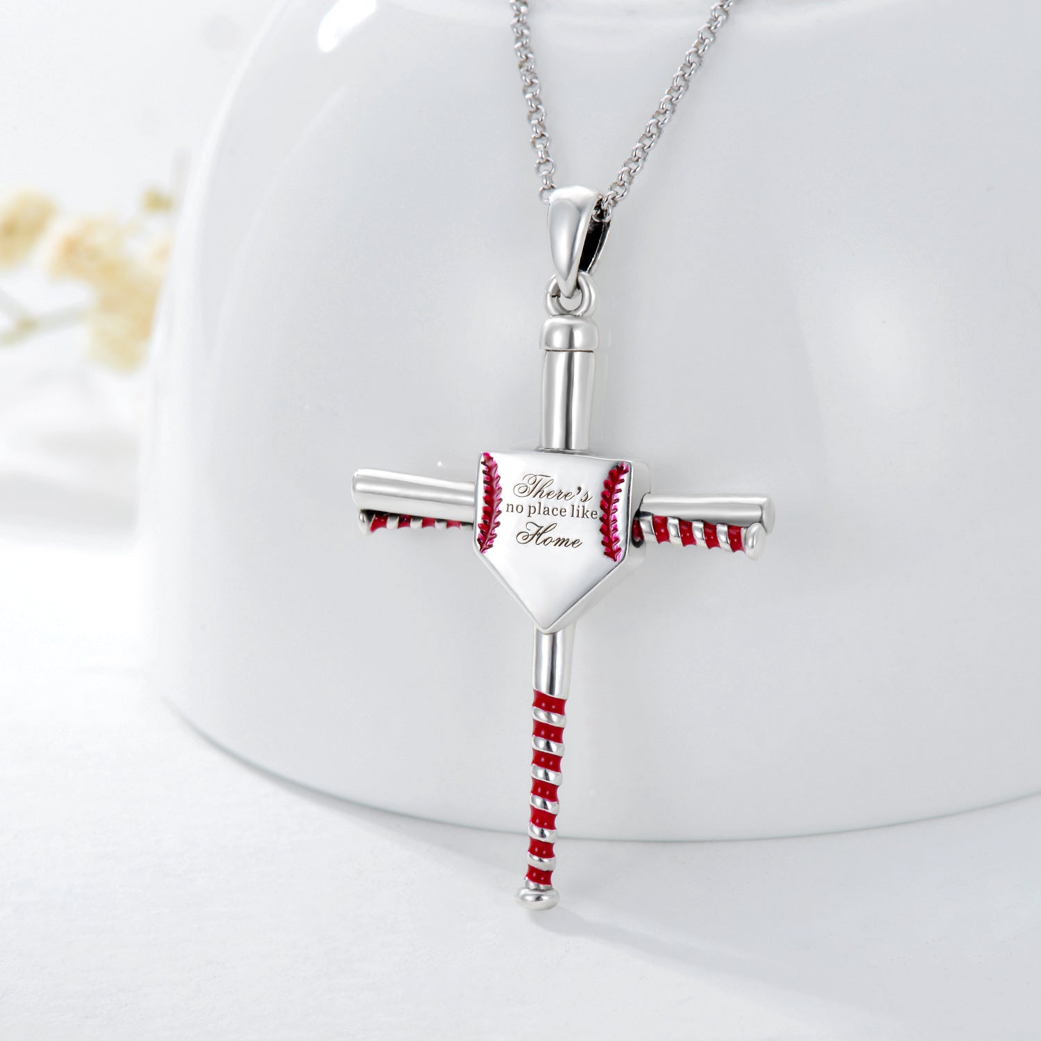Sterling Silver Baseball & Cross Urn Necklace for Ashes