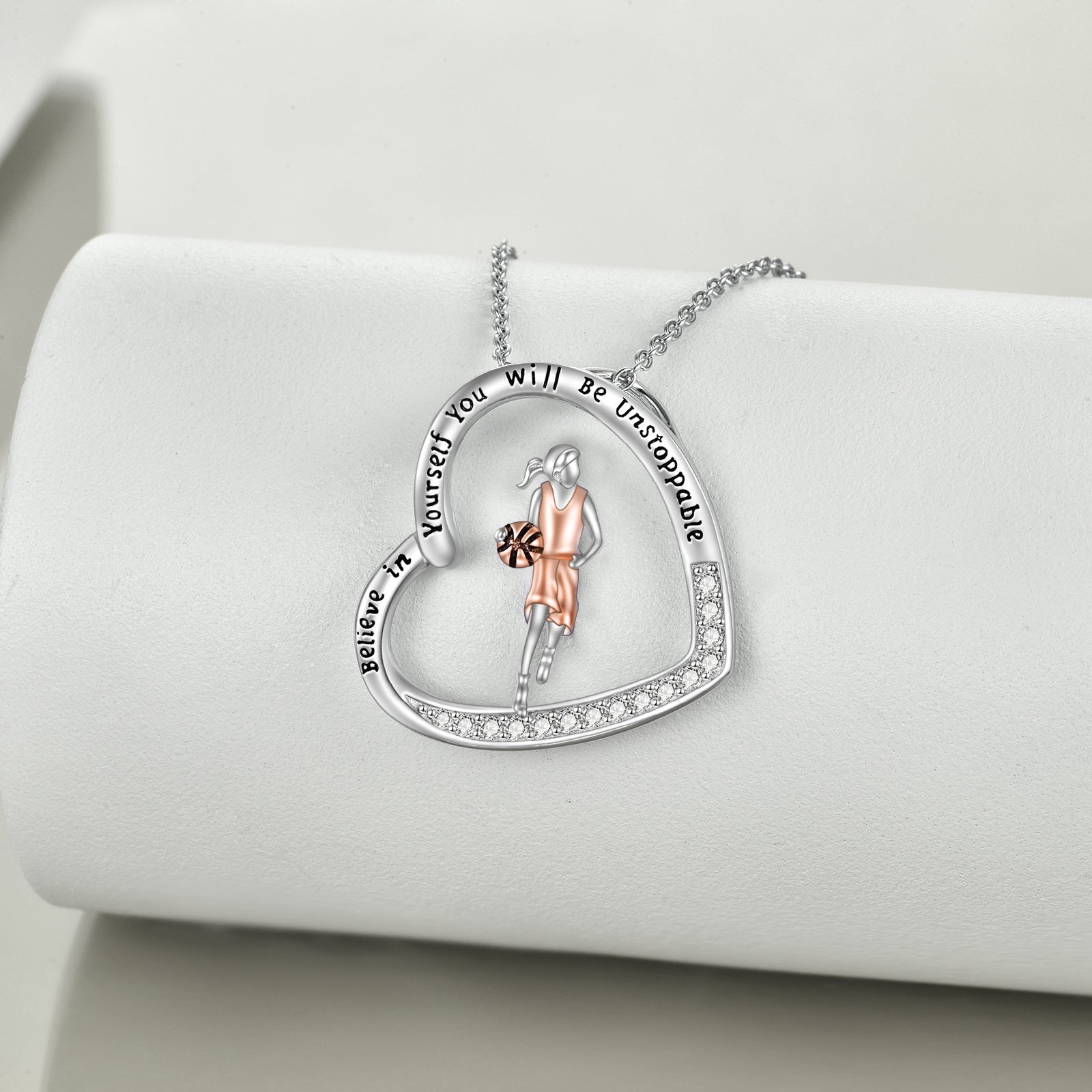 Sterling Silver Two-tone Cubic Zirconia Basketball & Heart Engraved Necklace for Women