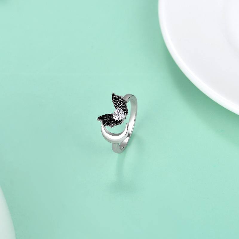 Sterling Silver Cubic Zirconia Bat & Moon Open Ring