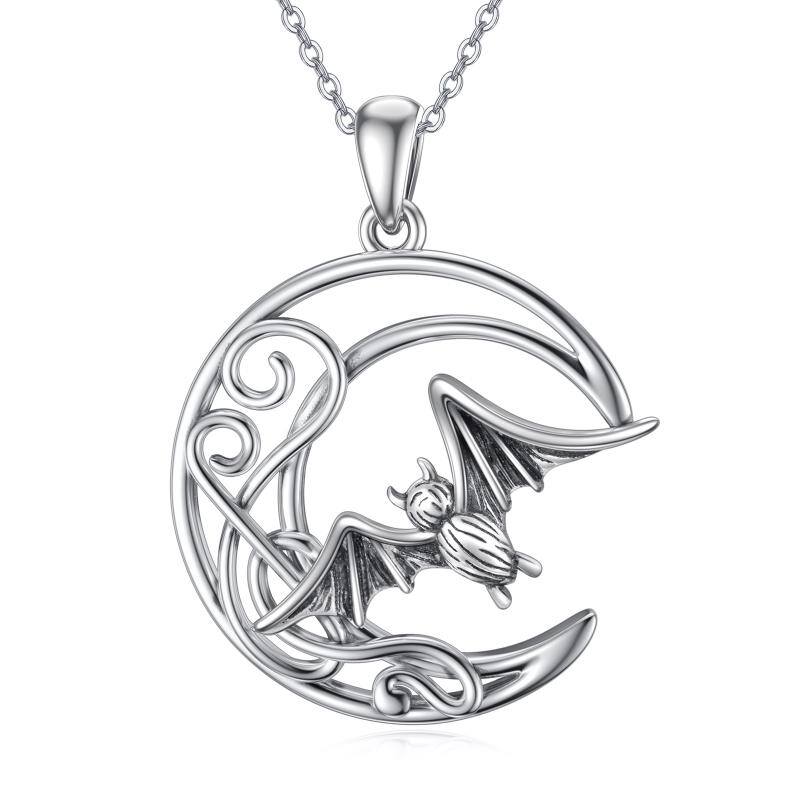 Sterling Silver Bat & Moon Pendant Necklace