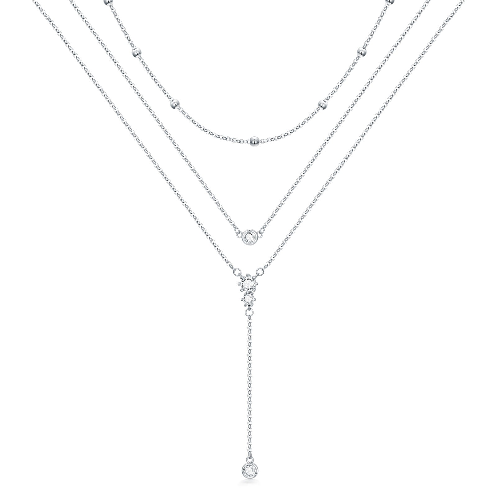Sterling Silver Cubic Zirconia Bead Layered Necklace
